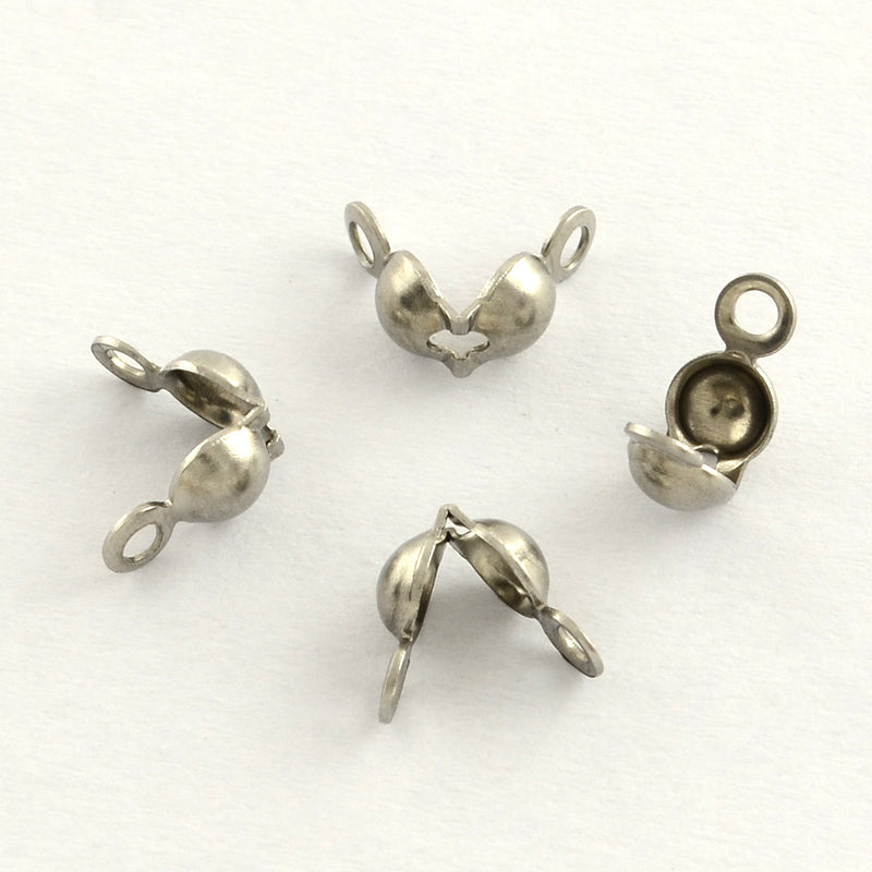 Open Clamshell Bead Tips, Stainless Steel Color
